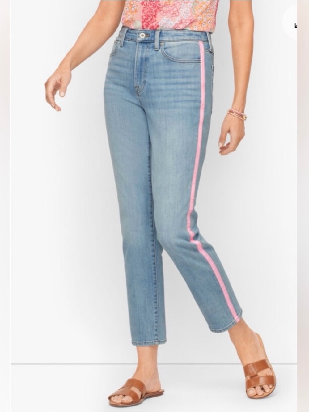 Talbots Modern Ankle Denim Blue Jeans with Pink Stripe NWT 8 P Straight Crop